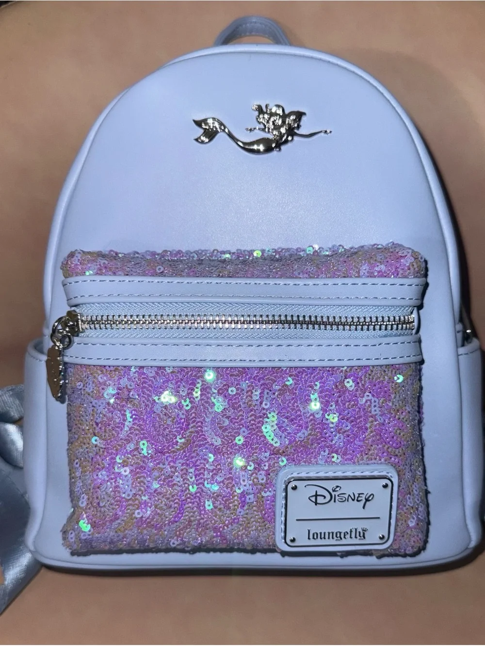 Loungefly White Mini Backpack with Pink Iridescent Sequin Pocket
